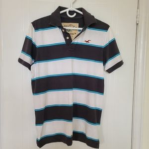 Hollister Men's Striped Short Sleeve Polo Shirt, Large, Gray/White/Blue